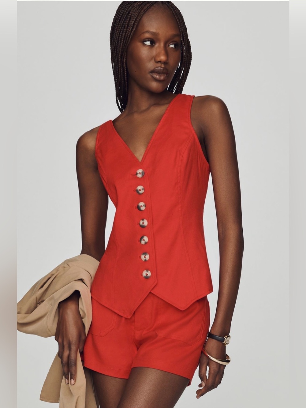 By Anthropologie Halsey Linen Stretch Button Front Blouse Cherry Bomb M
